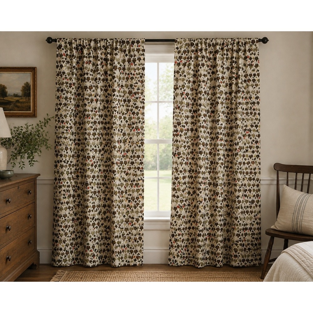 Handmade Leaf Print Curtain Panels 4pc 45x82 Floral Vintage MCM Ivy green beige